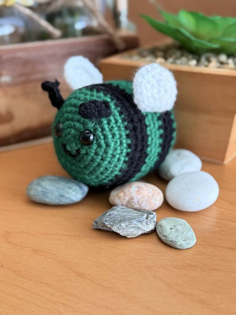 handmade crochet little bee with green and black stripes