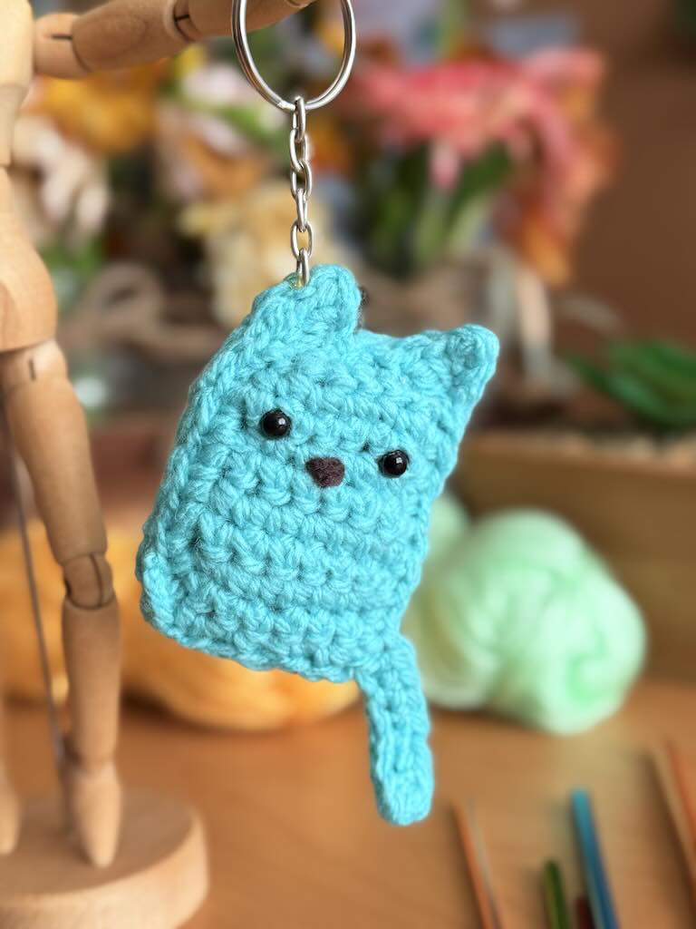 keychain handmade crochet cyan-colored cat toy