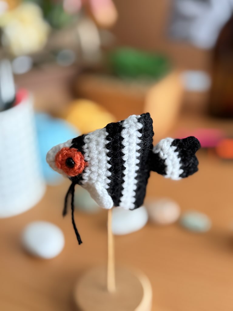 handmade crochet mini angelfish with black and white stripes