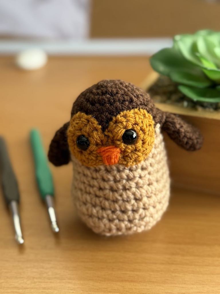 handmade crochet owl toy named Ollie with big eyes and soft feathers