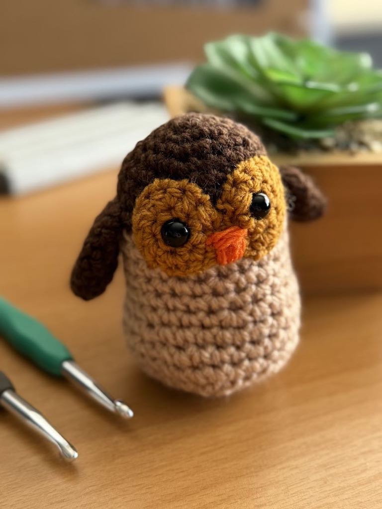 handmade crochet owl toy named Ollie with big eyes and soft feathers