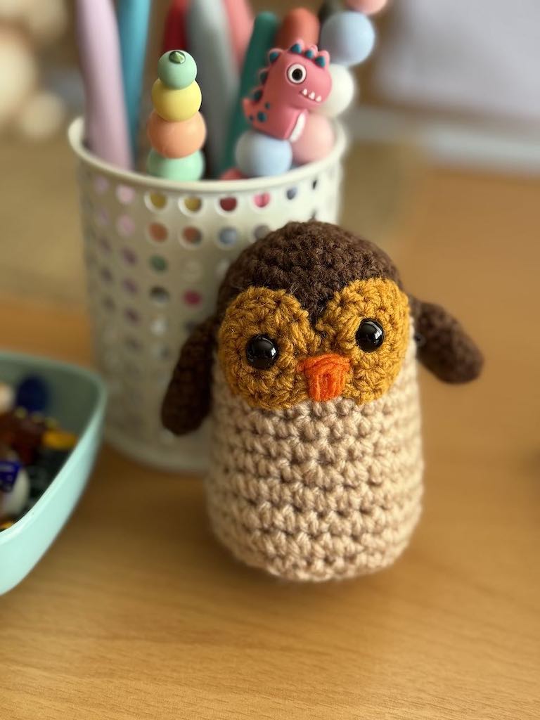 handmade crochet owl toy named Ollie with big eyes and soft feathers